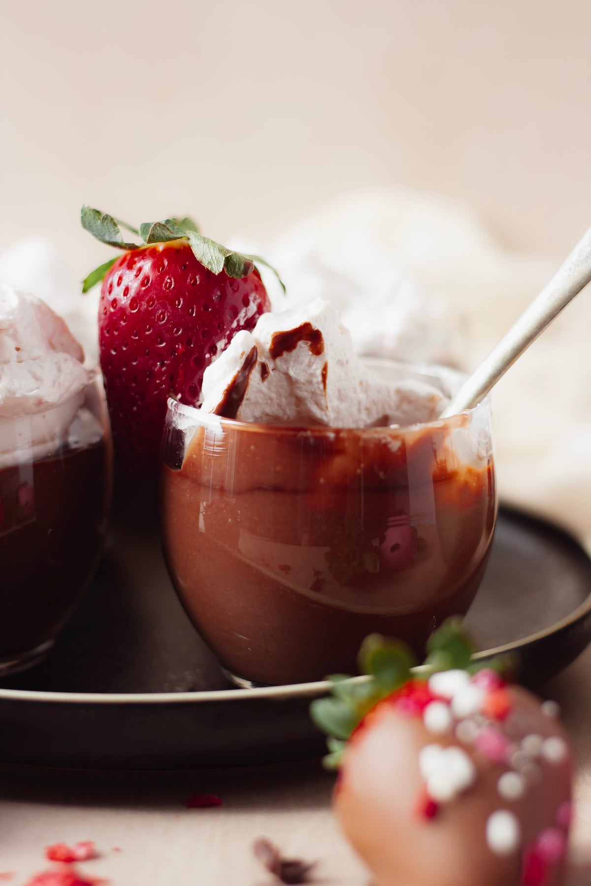 Hot chocolate budino with strawberry whipped cream